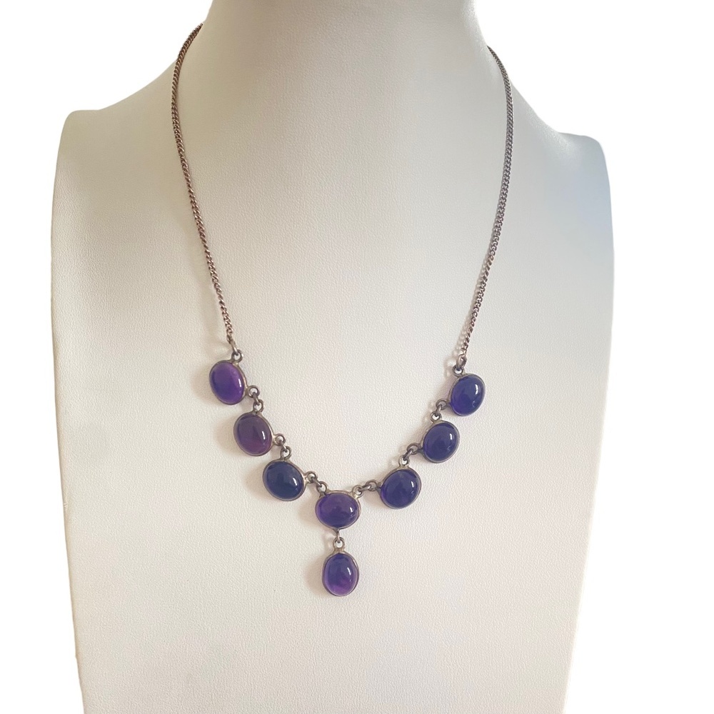 Amethyst cabochon bezel necklace Sterling Silver Vintage